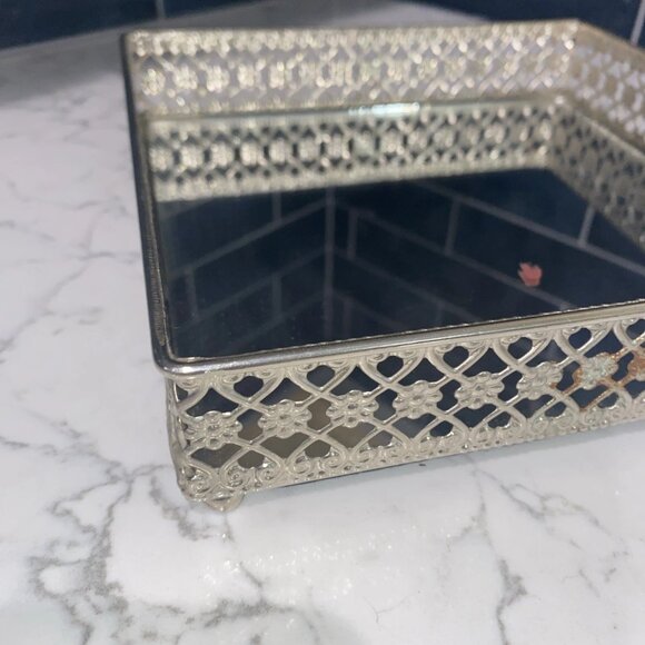 Vtg Vanity Mirror Footed Perfume Tray Metal Hollywood Regency Style 8.5" Square - Picture 3 of 8